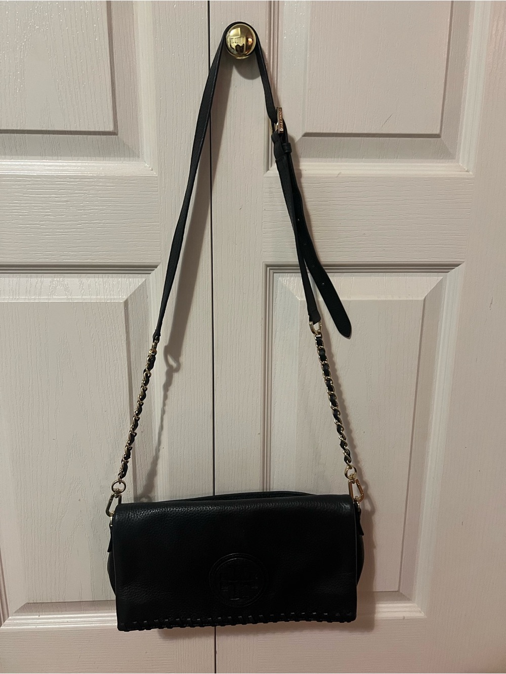 Tory Burch Black Leather Crossbody with Gold Chain
